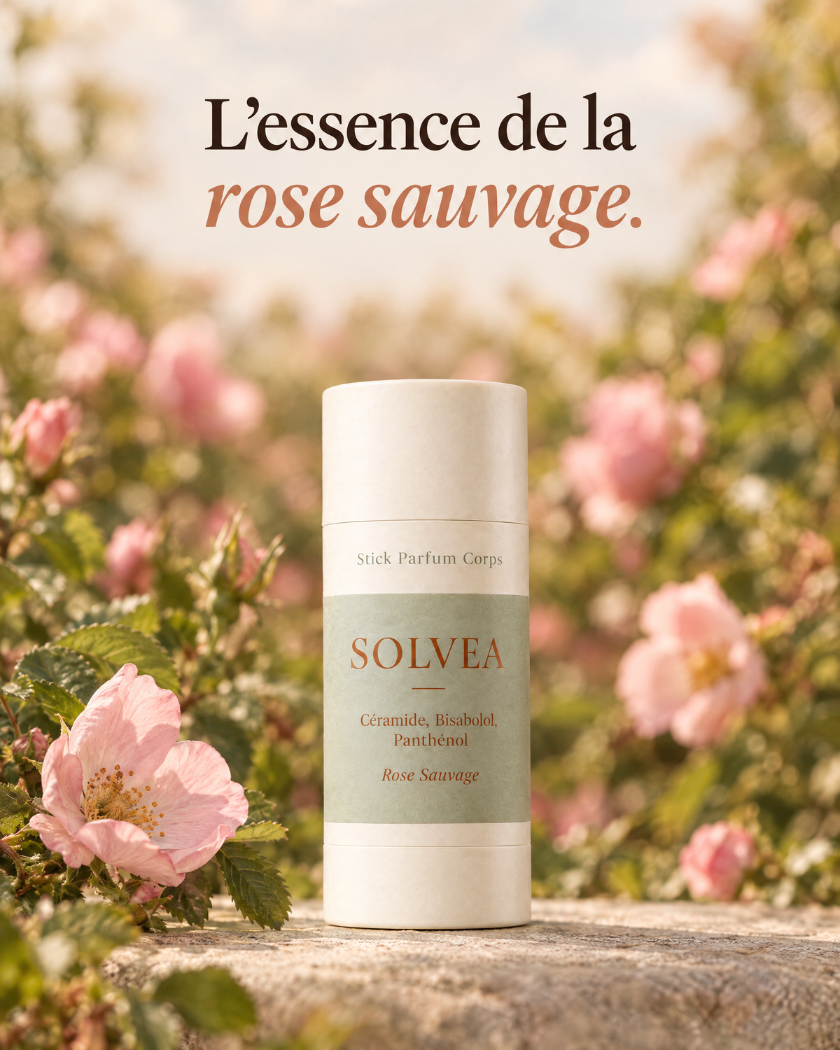 Stick Parfum Corps Rose Sauvage parmi les roses